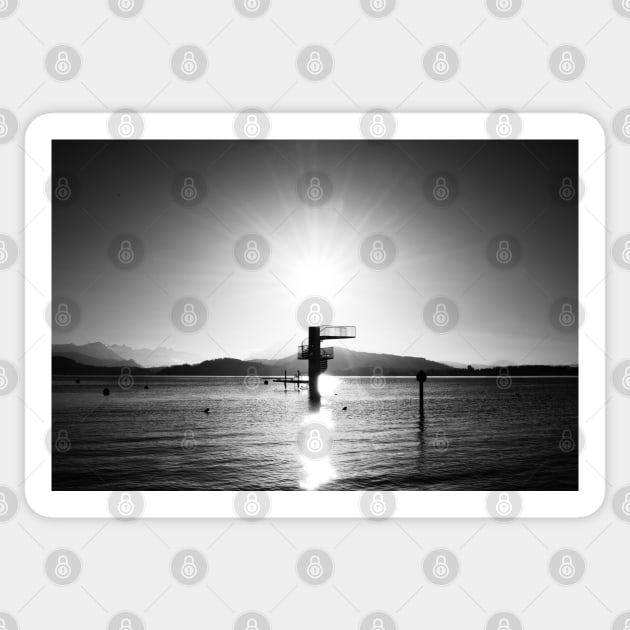 Sun, spring tower, lake 2 / Swiss Artwork Photography Sticker by RaphaelWolf